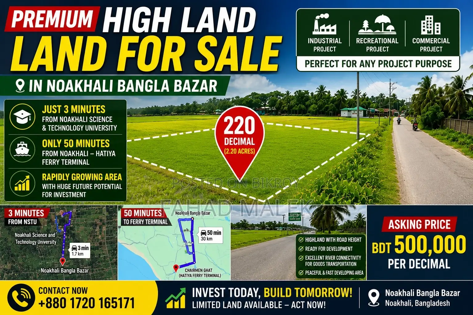 220 Decimal Prime Commercial Land Near Nstu – BDT 5 Lakh/Decimal in Noakhali Sadar