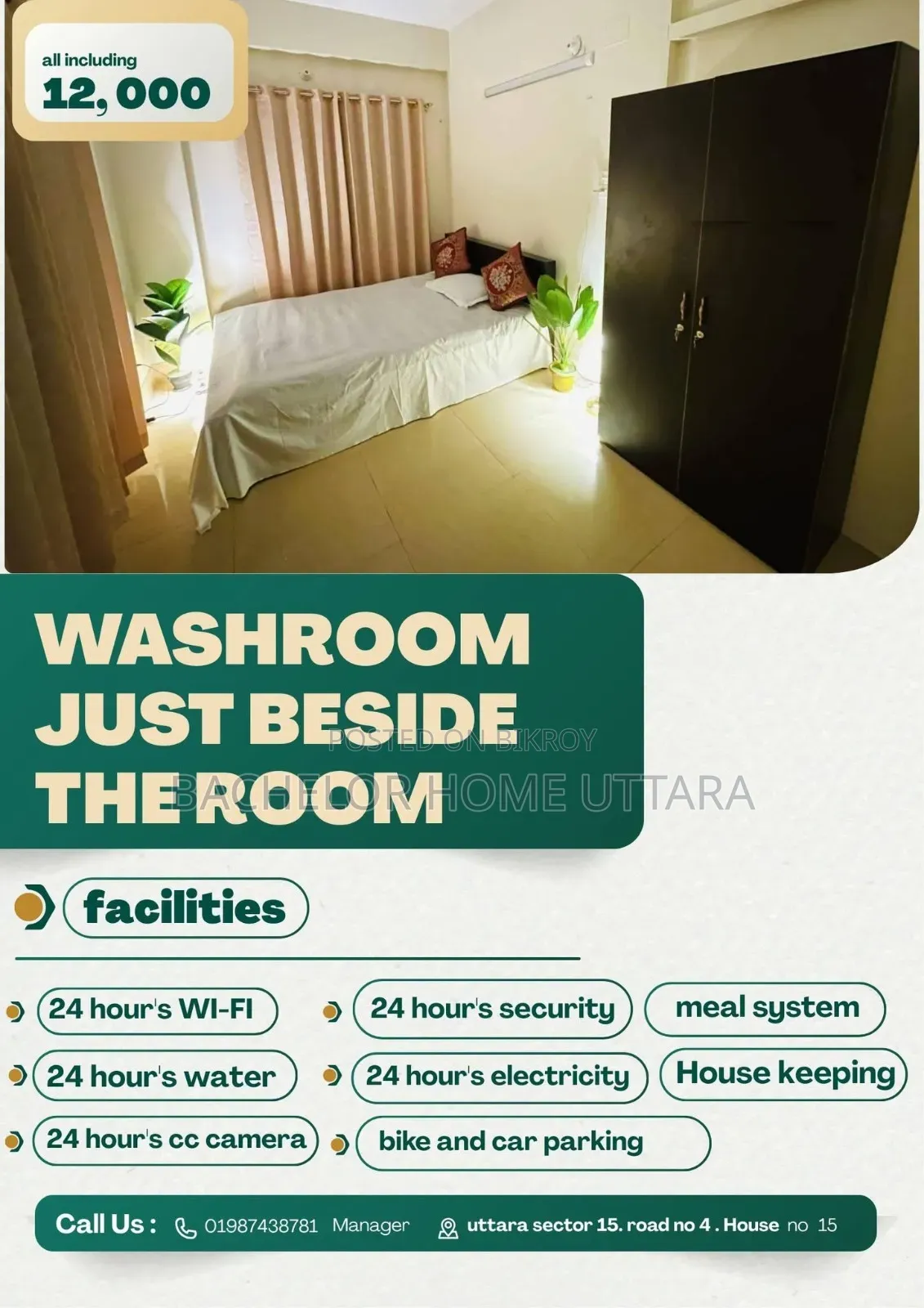 Full Furnished Bachelor Room Rent in Uttara