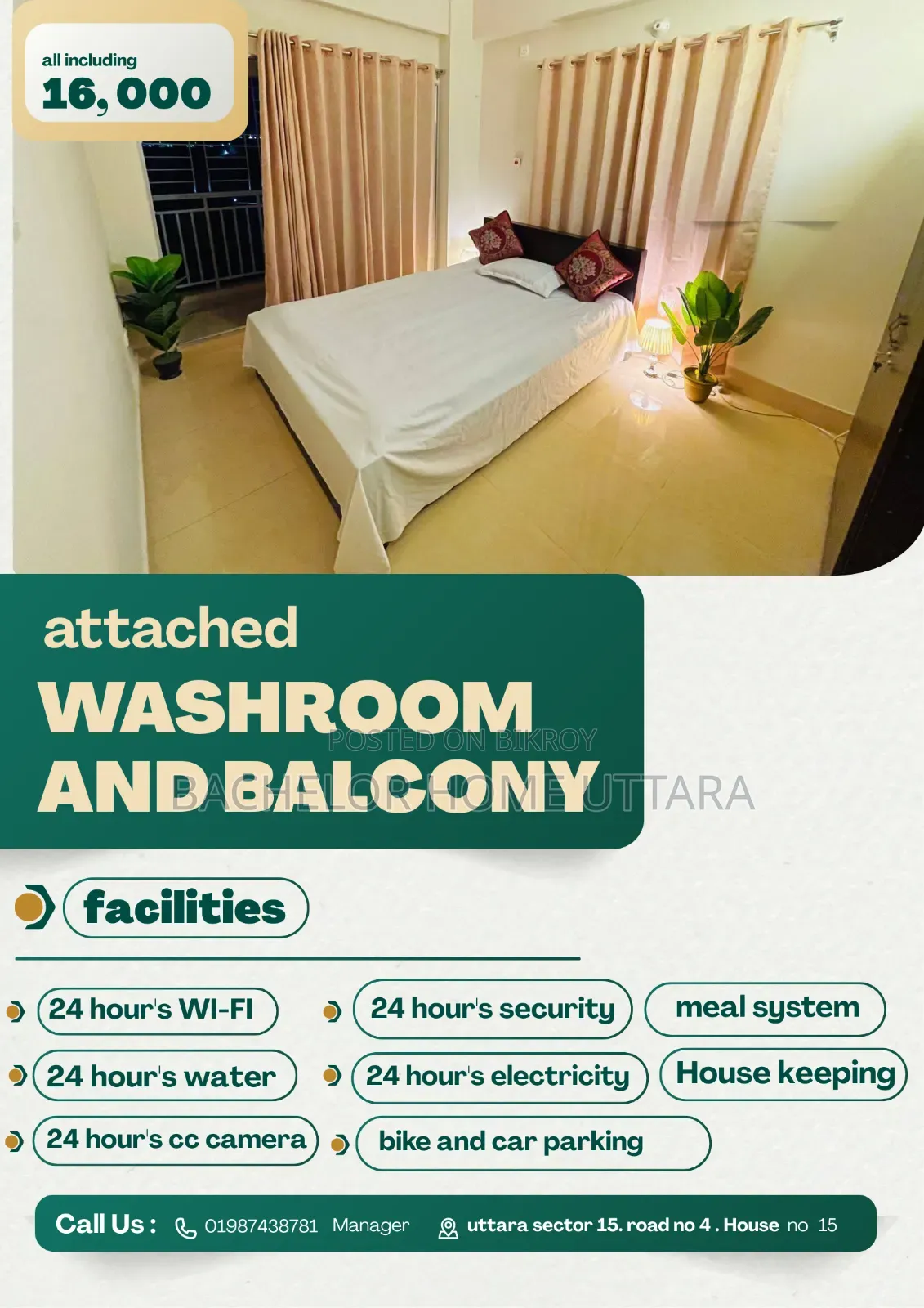 Full Furnished Bachelor Room Rent in Uttara