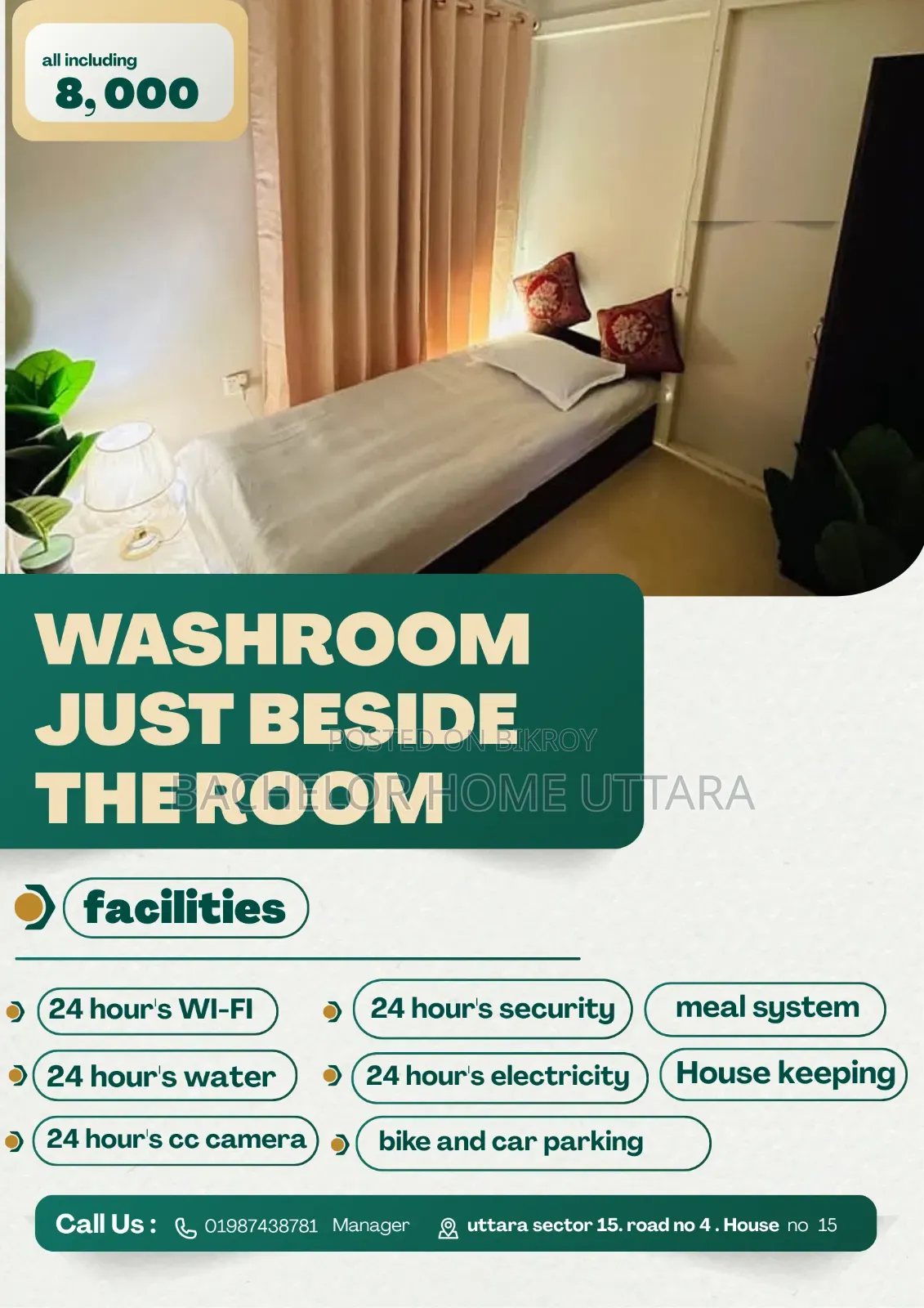 Full Furnished Bachelor Room Rent in Uttara