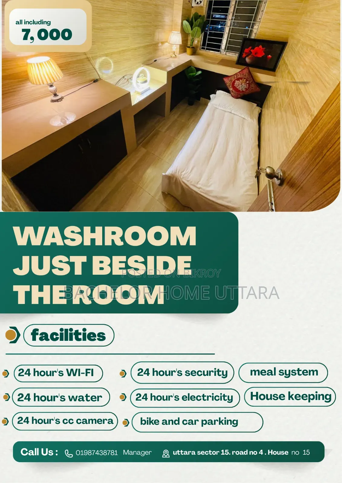 Full Furnished Bachelor Room Rent in Uttara