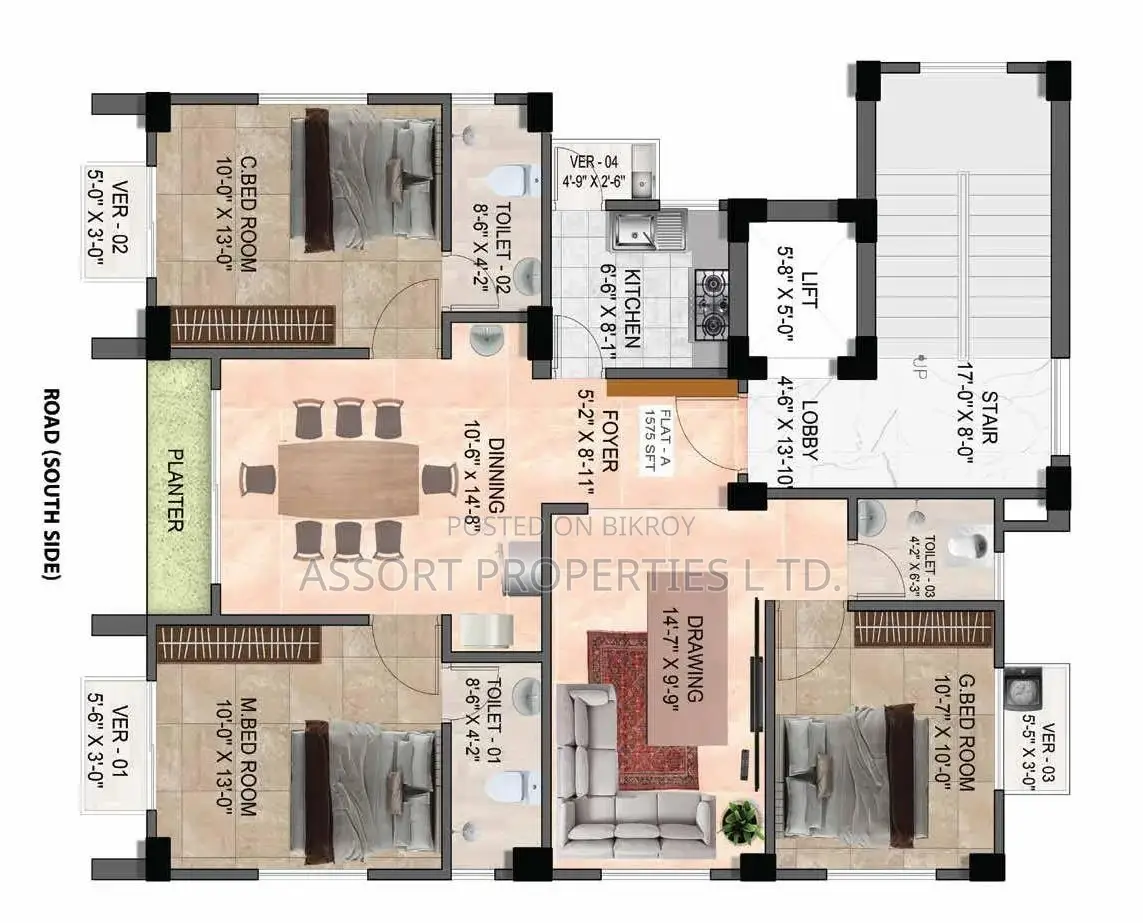 1575 Sft South Facing Flat Sale at Bashundhara R/a in Basundhara