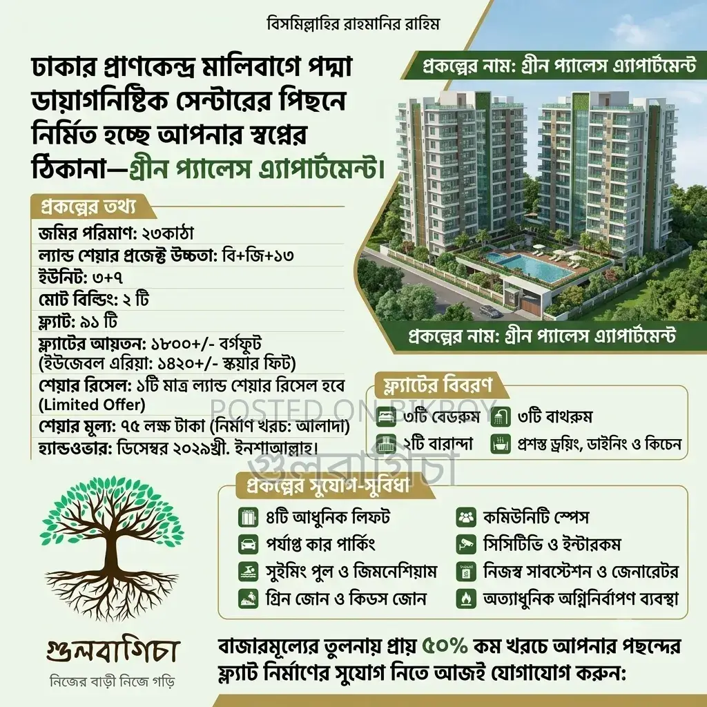 3 Bedroom Apartment in Green Palace, Malibag for Sale in Malibag